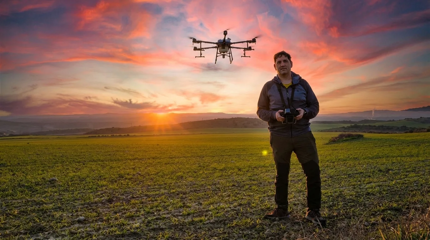 Drone DJI Agras realizando fumigación agrícola de precisión en campo de Navarra, España